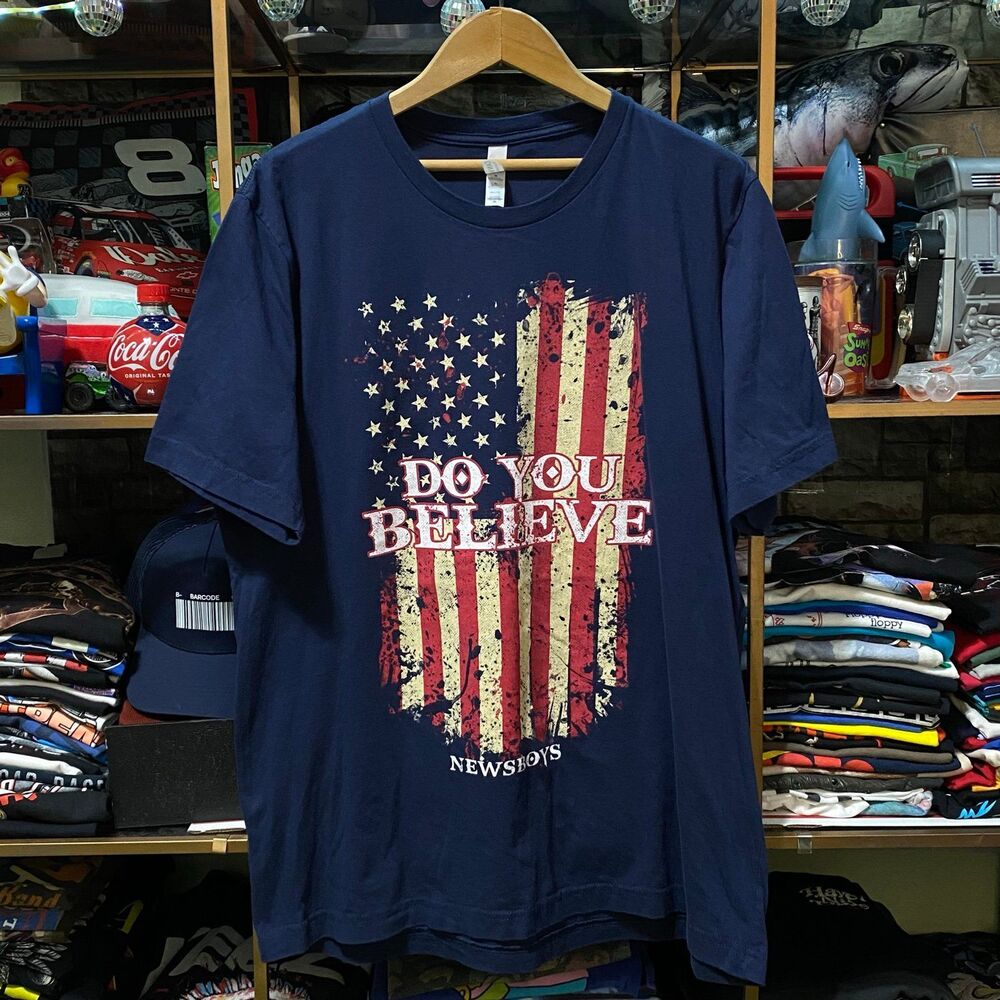 Newsboys Band T Shirt XL Blue Do You Believe Christian Rock Tour US Flag Tee